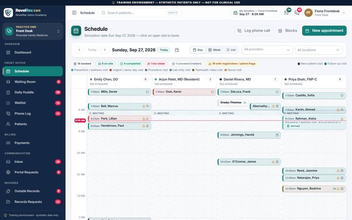 Revelrex EHR: Front desk schedule